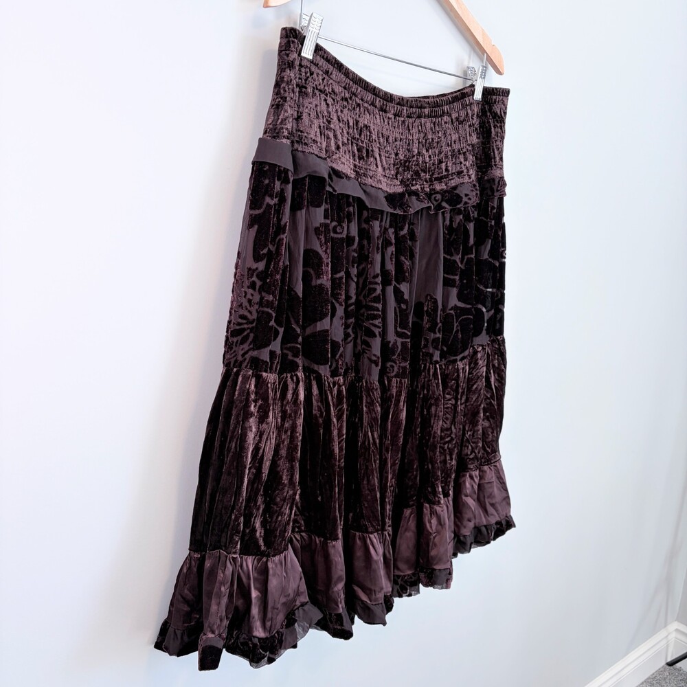 VTG Silk Skirt Tiered Velvet Burnout Boho Western Festival Brown Women's Large